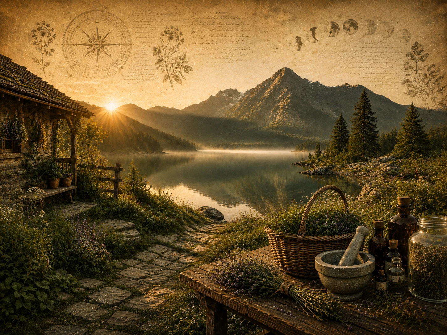 Bergsee und Kräutergarten mit historischen botanischen Motiven