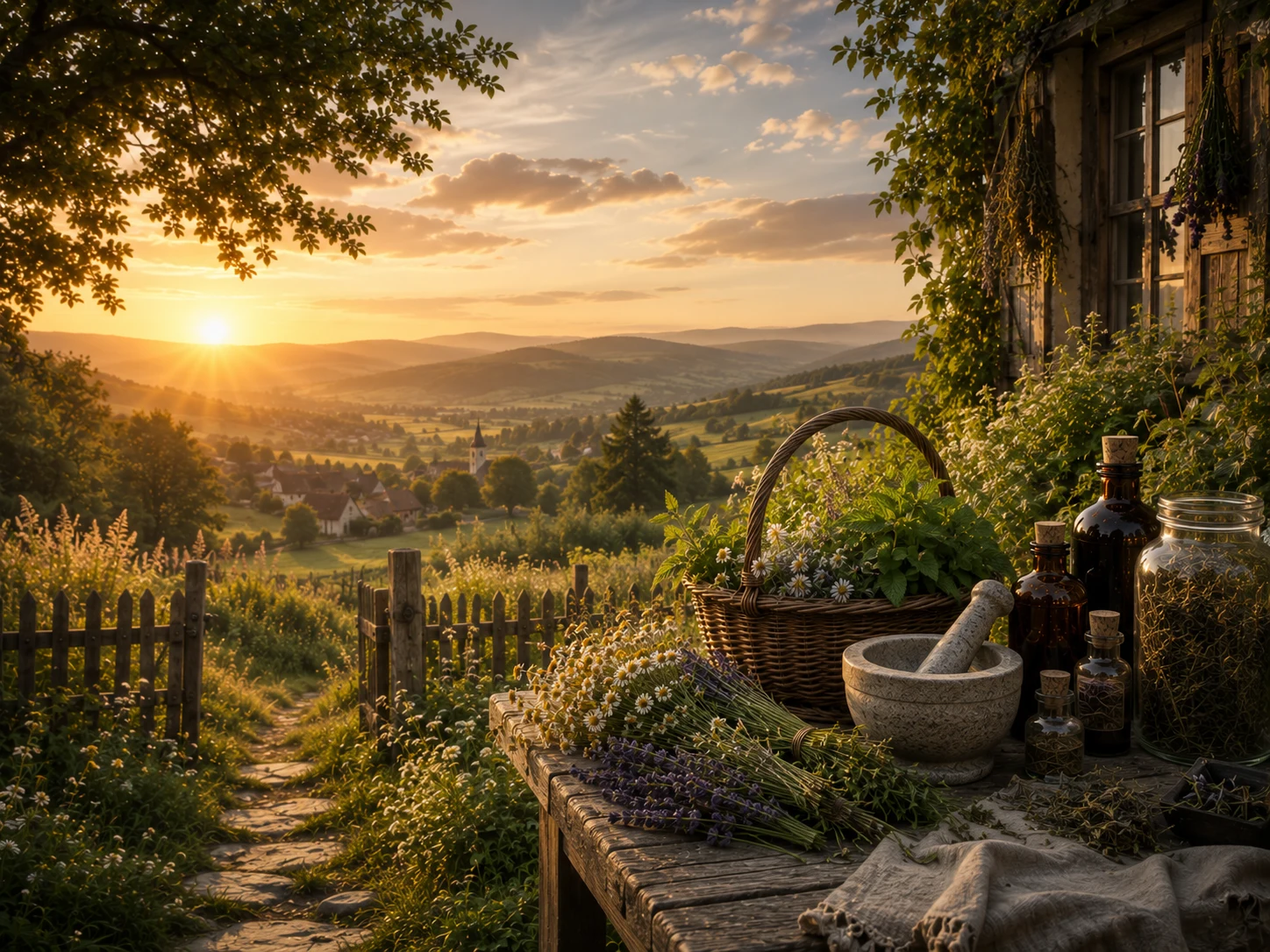 Kräuter, Mörser und ein Korb vor einer Hütte im goldenen Abendlicht